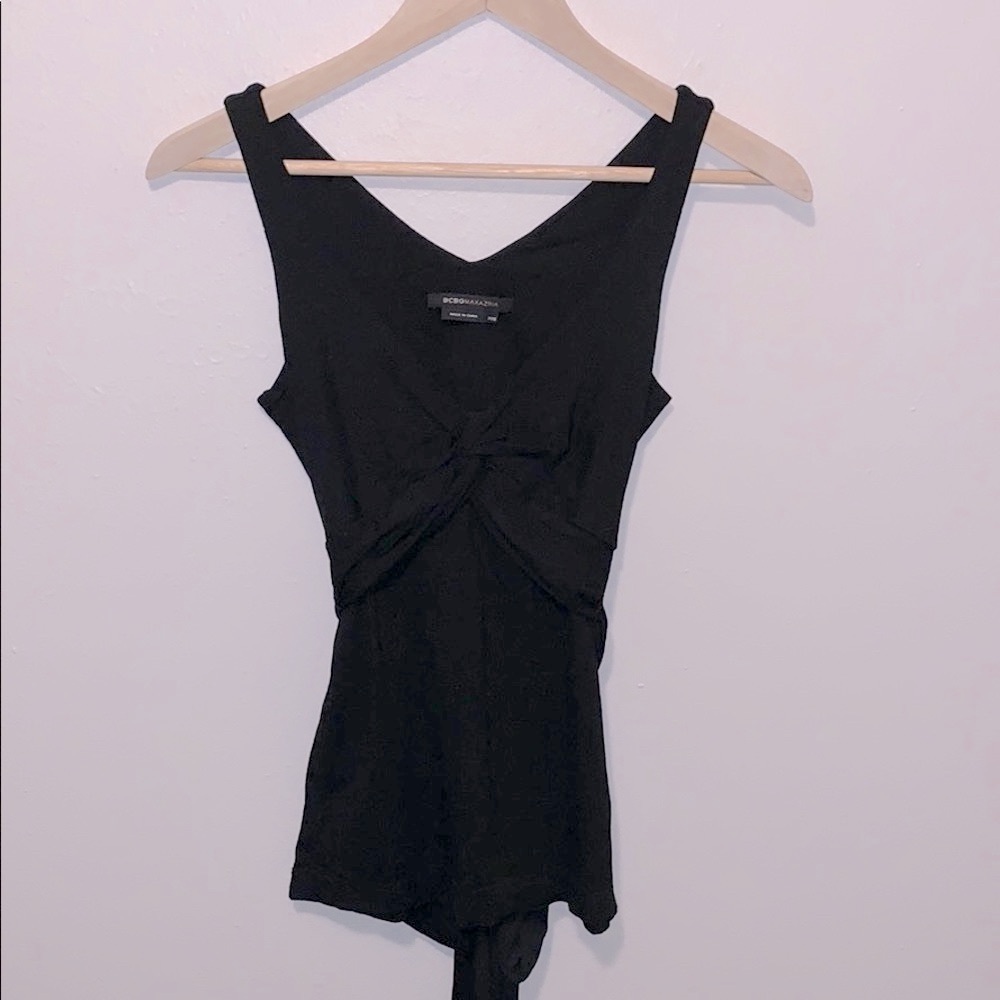 BCBGMaxAzria Twist Front Tank Top Tie Waist V-Neck Black Sz XXS